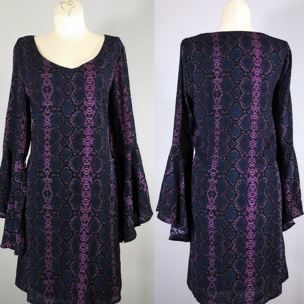 NWT Blu Spero Snakeskin Bell Sleeve Shift Dress S USA